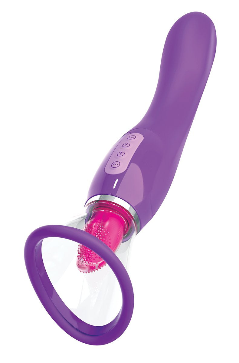 Side view of Fantasy For Her Ultimate Pleasure purple vibrator, curved G-spot shaft, suction cup over pink tongue base.