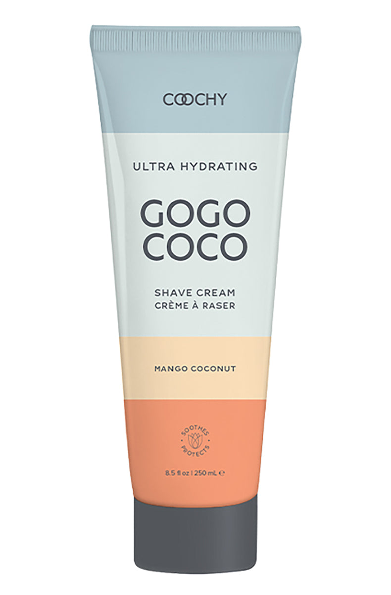 Coochy Ultra Hydrating Shave Cream Mango Coconut 8.5 oz bottle, tropical-print label, on a white background.