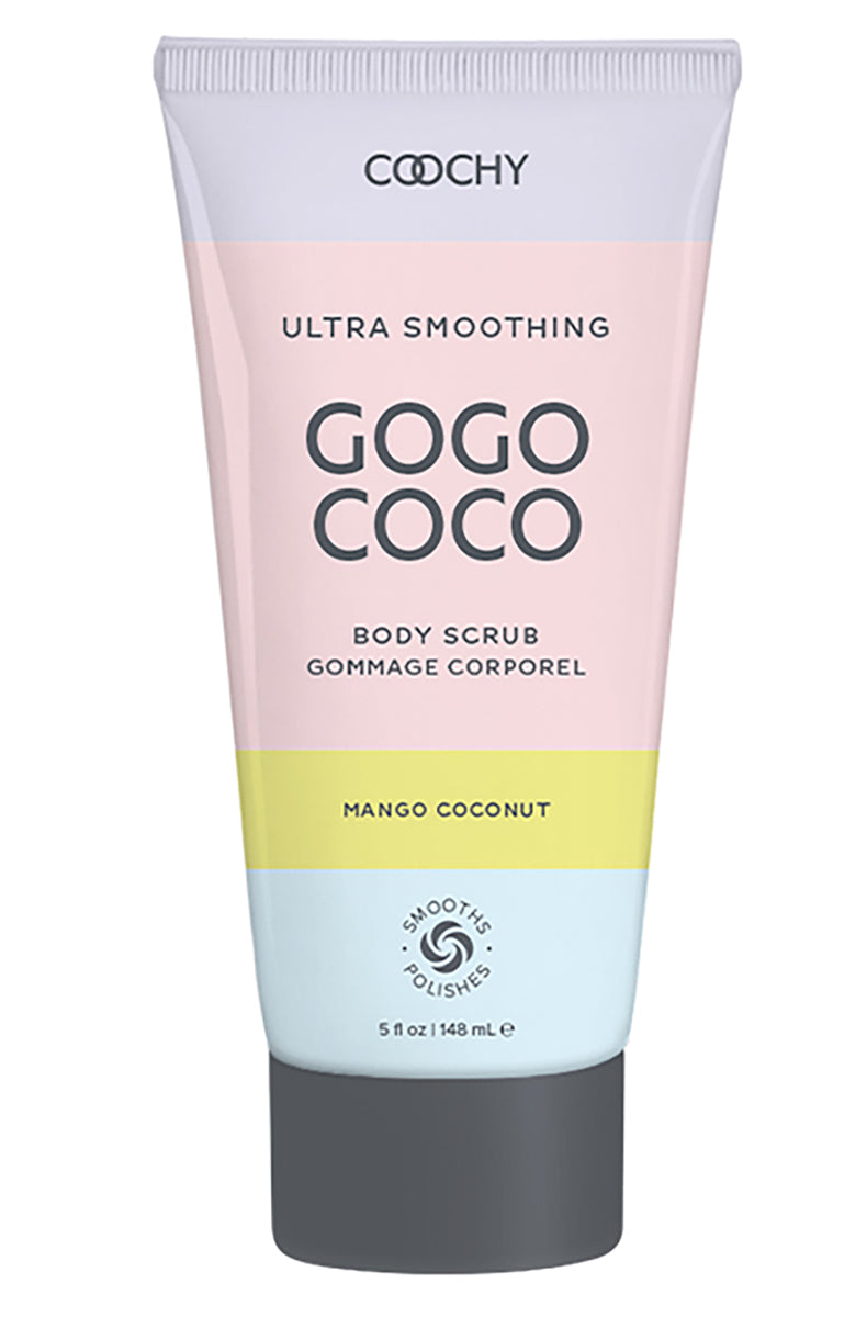 Coochy Ultra Smoothing Body Scrub Mango Coconut jar, tropical-print label, on a white background.