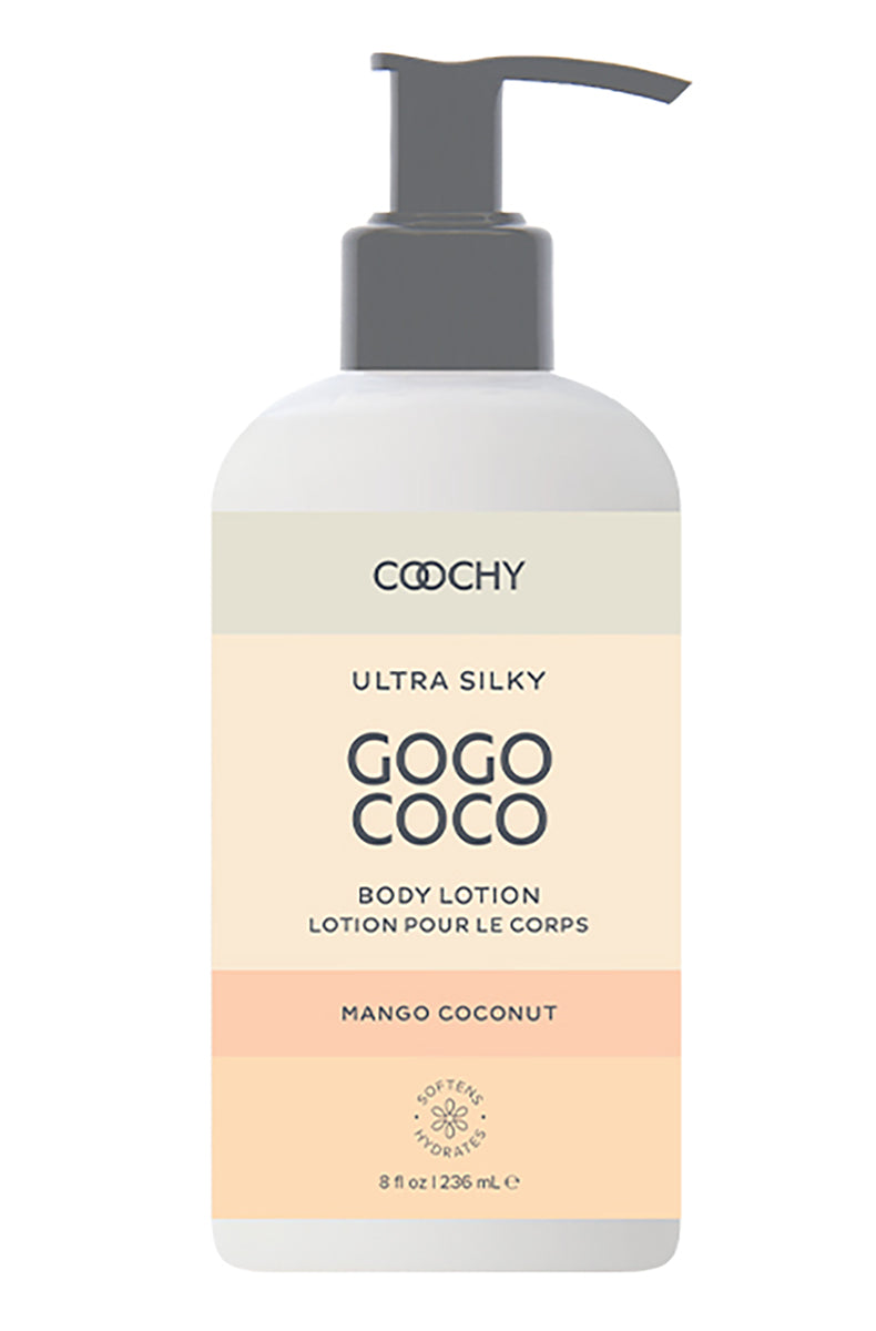 Coochy Ultra Silky Body Lotion Mango Coconut bottle, tropical-print label, on a white background.