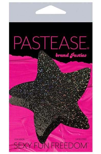 Two five-pointed starfish-shaped pasties in black shiny pleather with twinkling holographic flecks.