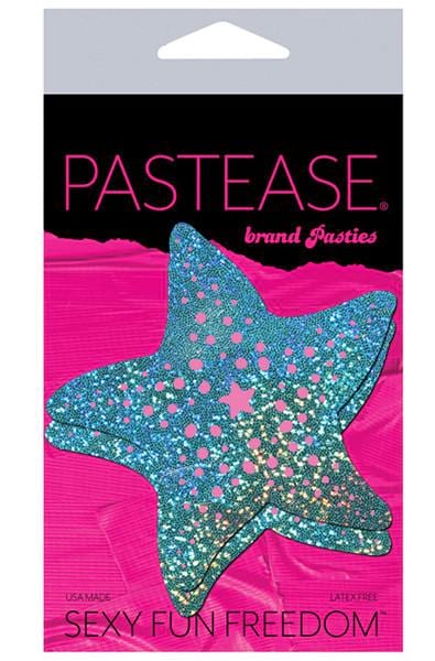 Two starfish-shaped pasties in seafoam blue-green glitter with twinkling flecks, pink coral spots, and a small pink star at the center.