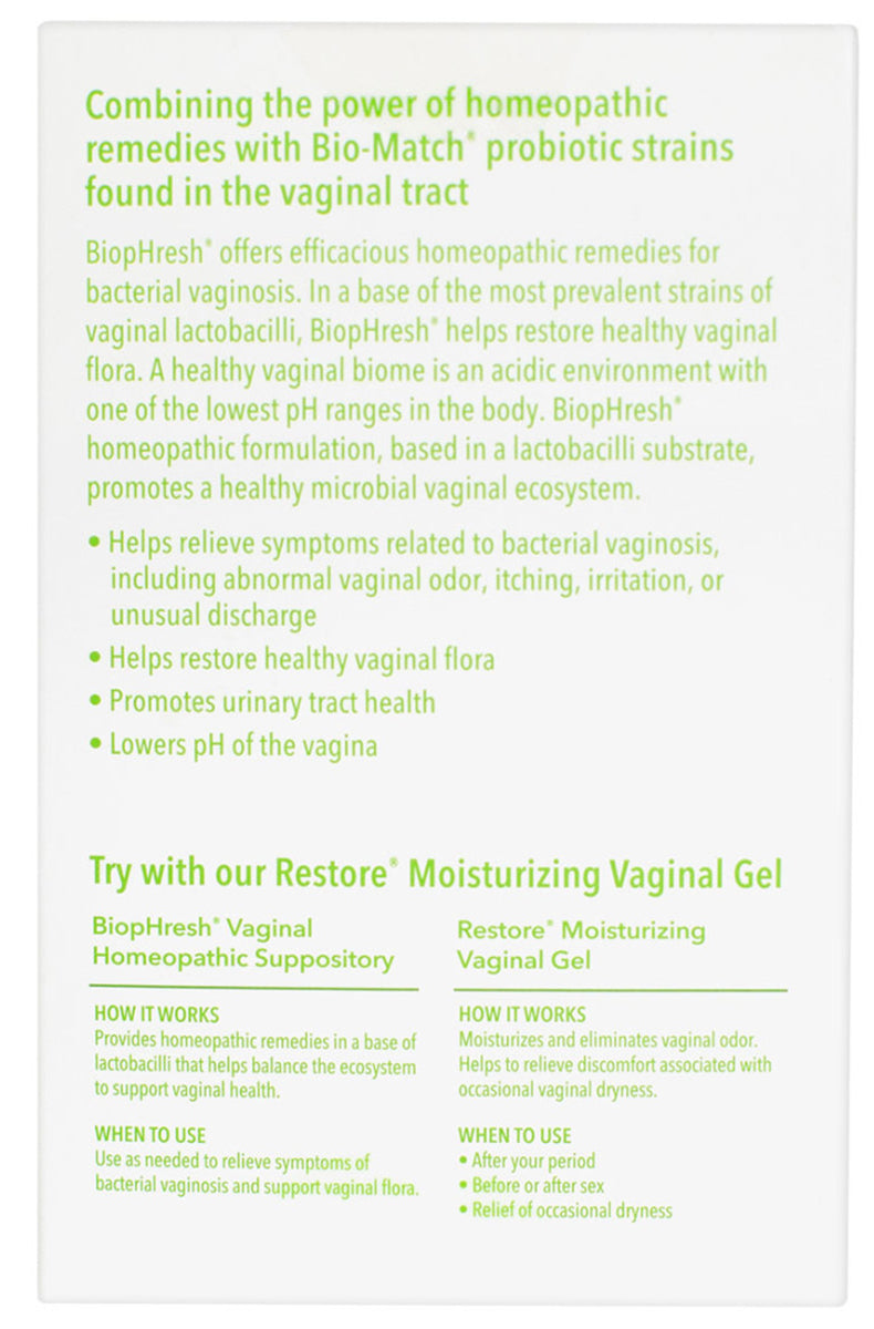 Back panel of Good Clean Love BiopHresh box showing ingredient list, directions, and Bio-Match Technology graphic.
