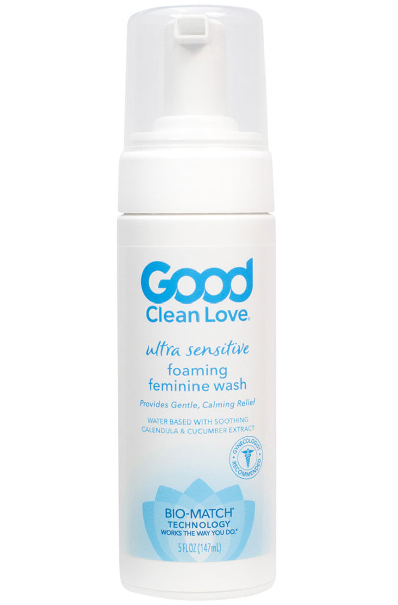 Good Clean Love Ultra Sensitive Foaming Feminine Wash, white 5 fl oz pump bottle with blue lotus Bio-Match label.