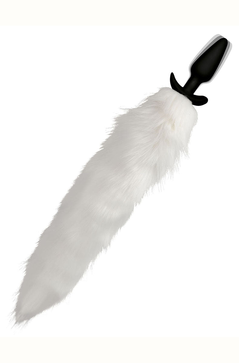 Side view of the vibrating fox tail butt plug with the tapered black silicone plug and long white tail.