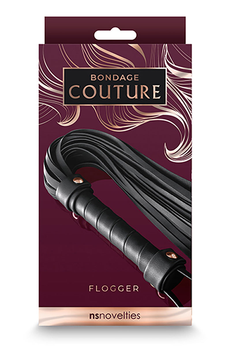 Burgundy Bondage Couture by nsnovelties box showing the black flogger with black wrapped handle and rose-gold rivets.