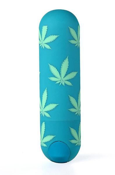 Maia Jessi 420 mini bullet vibrator in teal with emerald green cannabis leaf print, 3 inches by 0.8 inches.