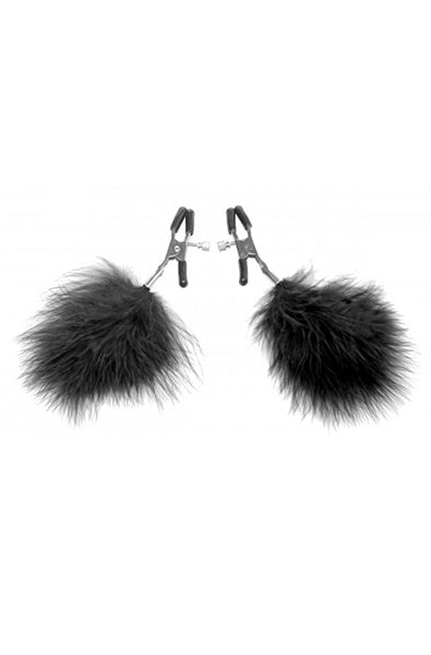 Pair of silver tweezer-style nipple clamps with black coated rubber tips and lightweight black feather poofs at the bottom.