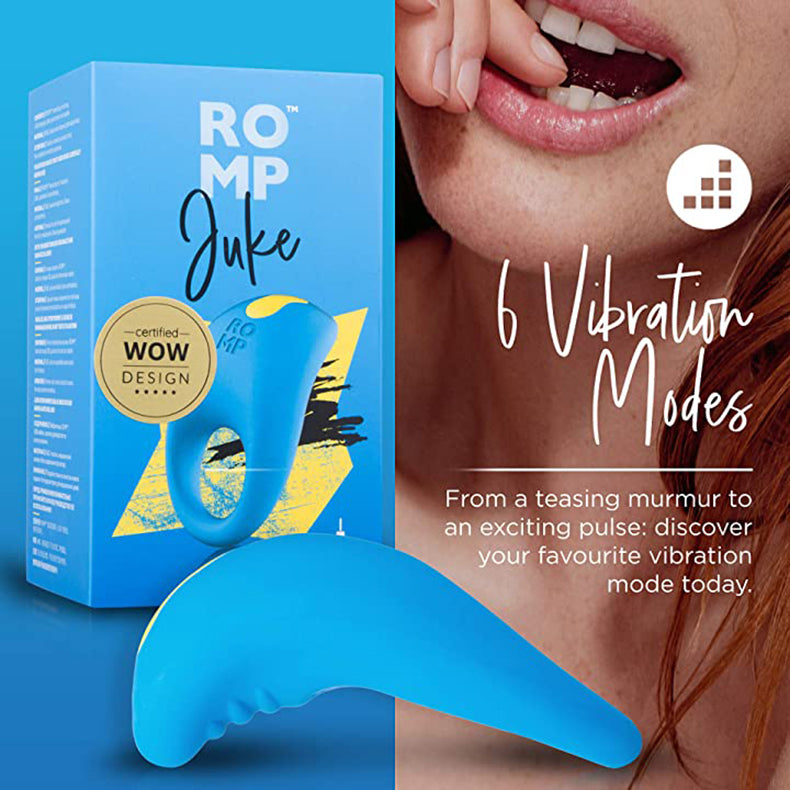 Bright blue Romp Juke silicone vibrating cock ring, packaging or accessory view.