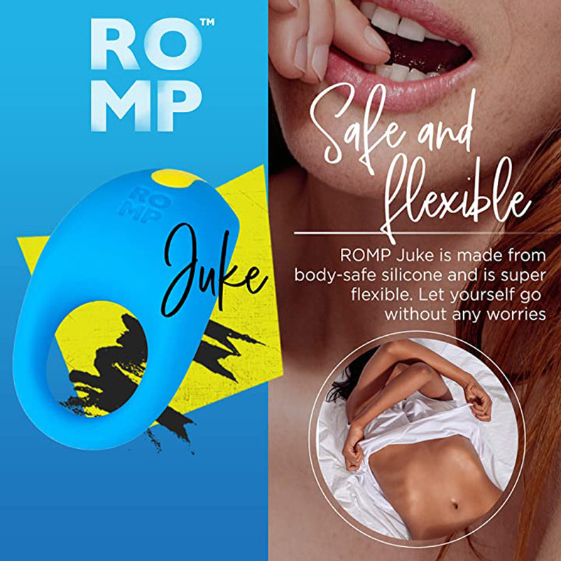 Bright blue Romp Juke silicone vibrating cock ring with ROMP logo, alternate angle.