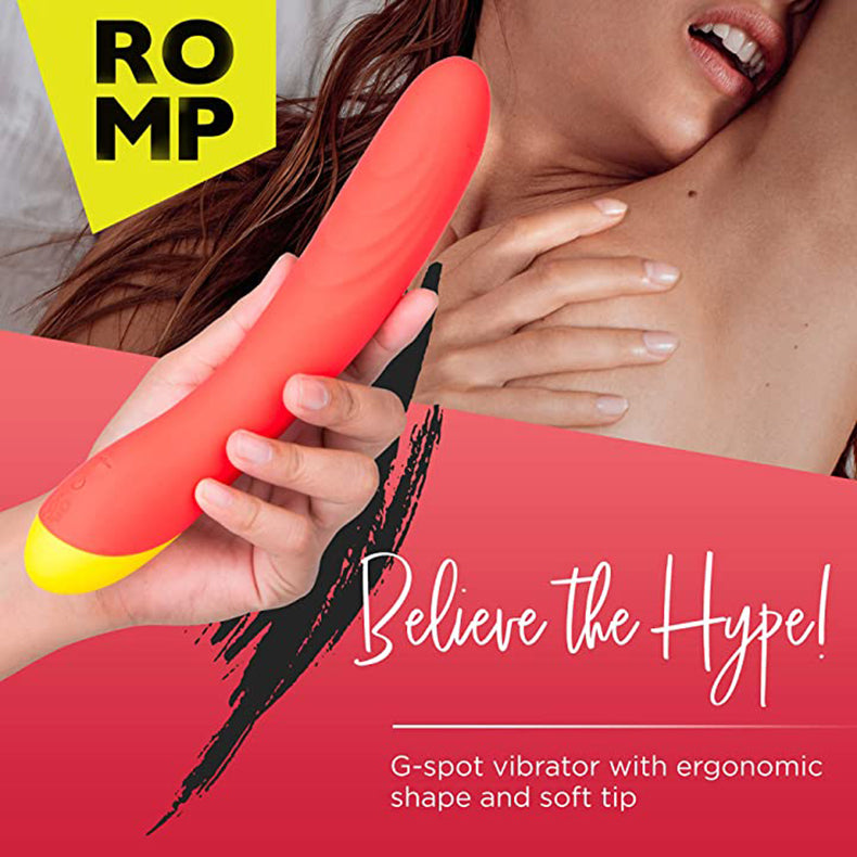 Bright red Romp Hype silicone G-spot vibrator, detail view of curved bulbous tip.