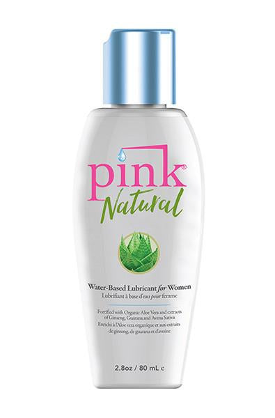 PINK Natural water-based personal lubricant in a clear bottle with PINK Natural label, glycerin free.