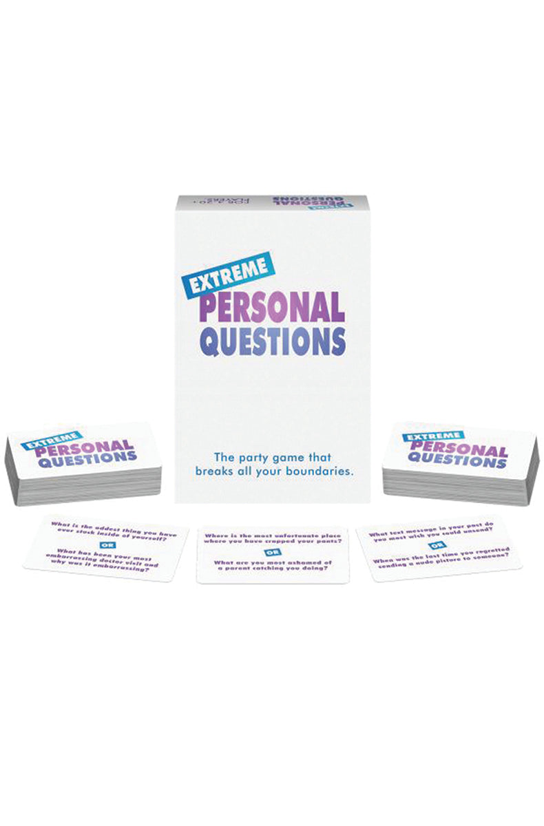 Extreme Personal Questions adult card game box and stack of question cards laid out for group party play.