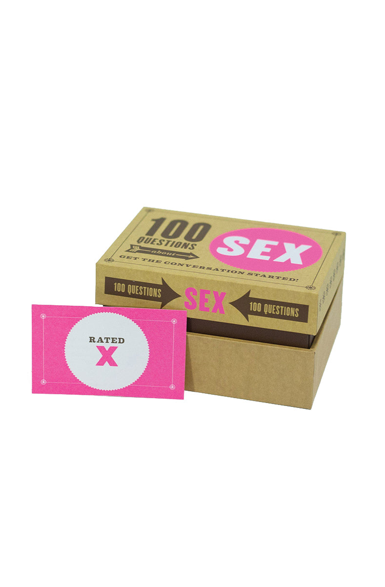 100 Questions about Sex Adult Card Game box and a fanned set of X, XX, and XXX level question cards for couples play.