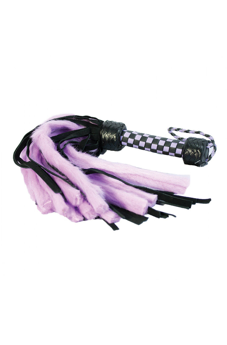 Lavender and black flogger with lavender faux-fur tails and black suede tails on a black and white checkered handle.