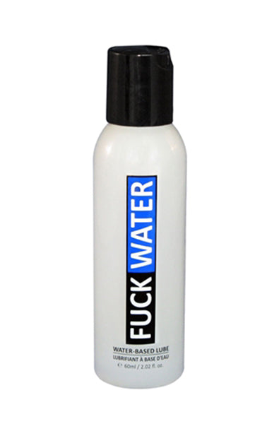 White Fuck Water water based lube bottle with black flip cap, blue and black logo, 60 ml / 2 fl oz size.