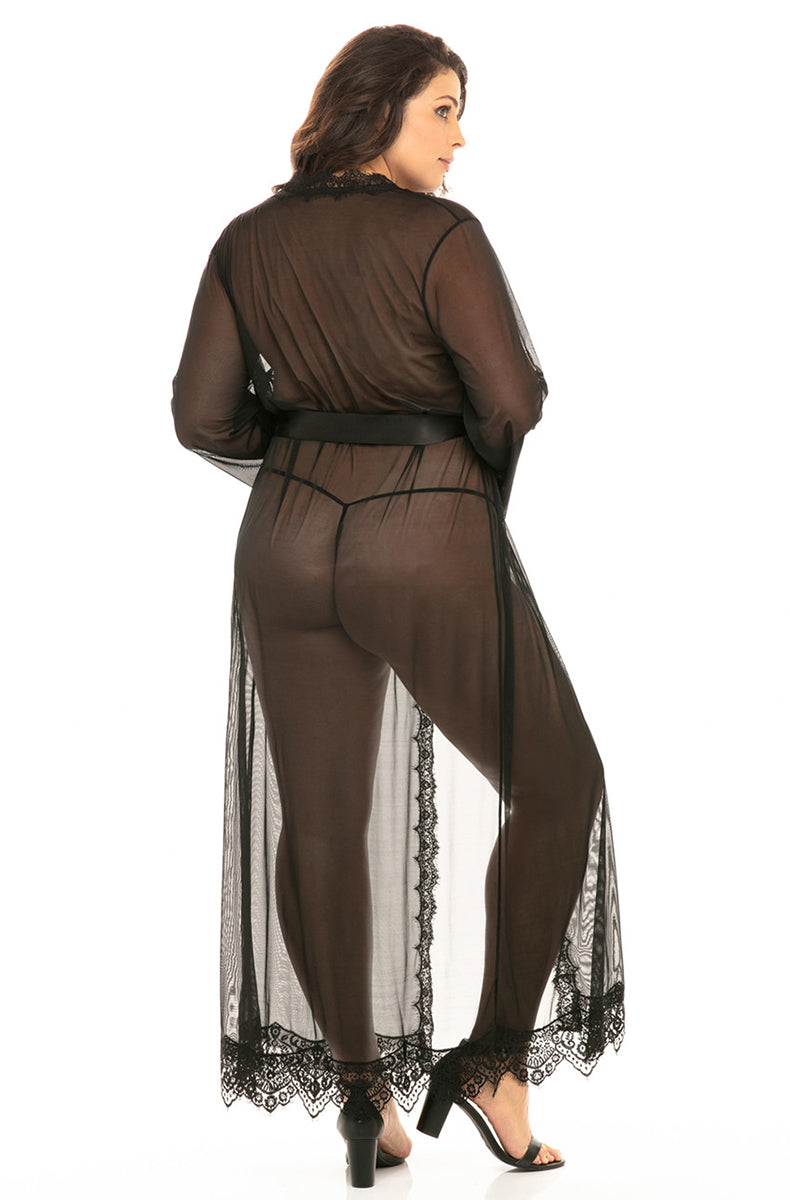 Oh La La Cheri sheer long black mesh robe with eyelash lace