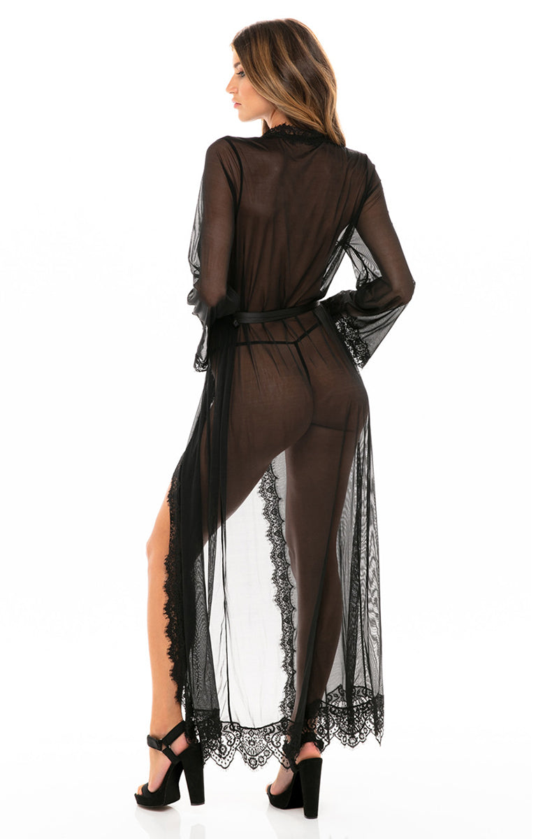 Oh La La Cheri sheer long black mesh robe with eyelash lace