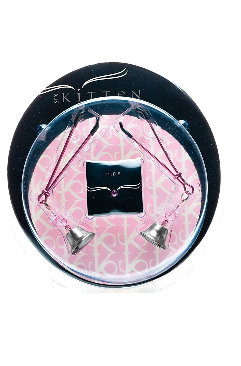 Detail view of small silver bell and pink crystal beads dangling from the pink and silver tweezer clamp.