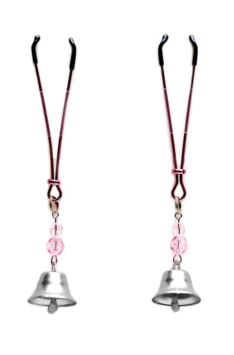 Slim pink and silver tweezer nipple clamps with black silicone tips, pink crystal beads, and small silver bells hanging.