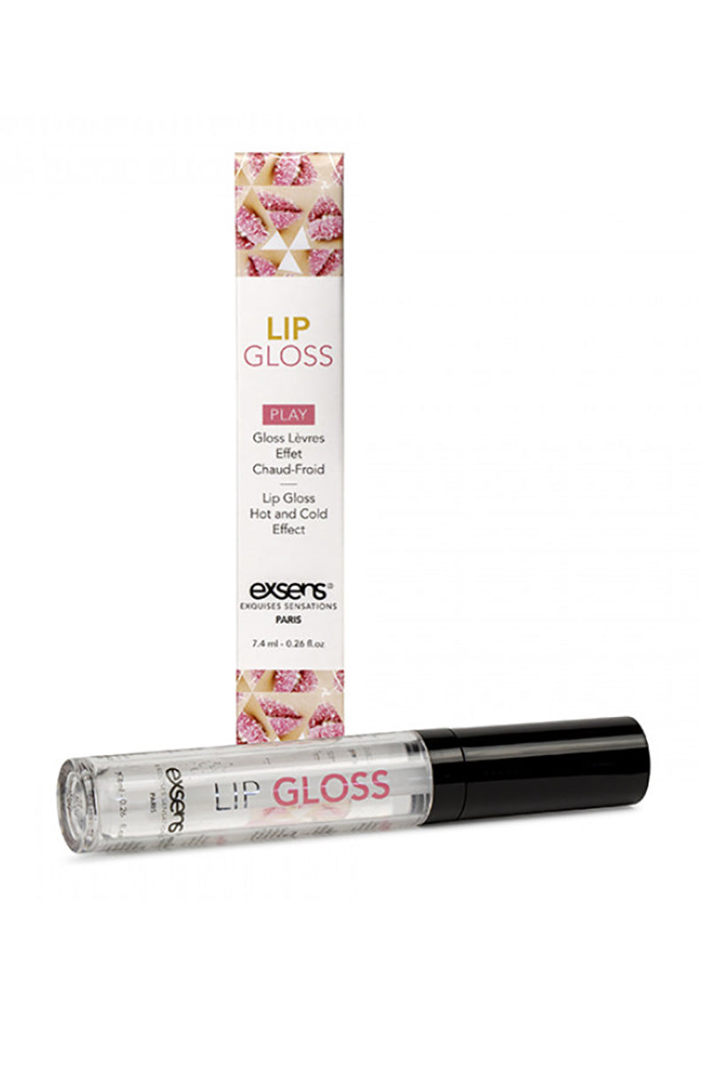 Exsens Hot and Cold Lip Gloss strawberry tube with black cap beside its pink-lip patterned Paris-branded carton.