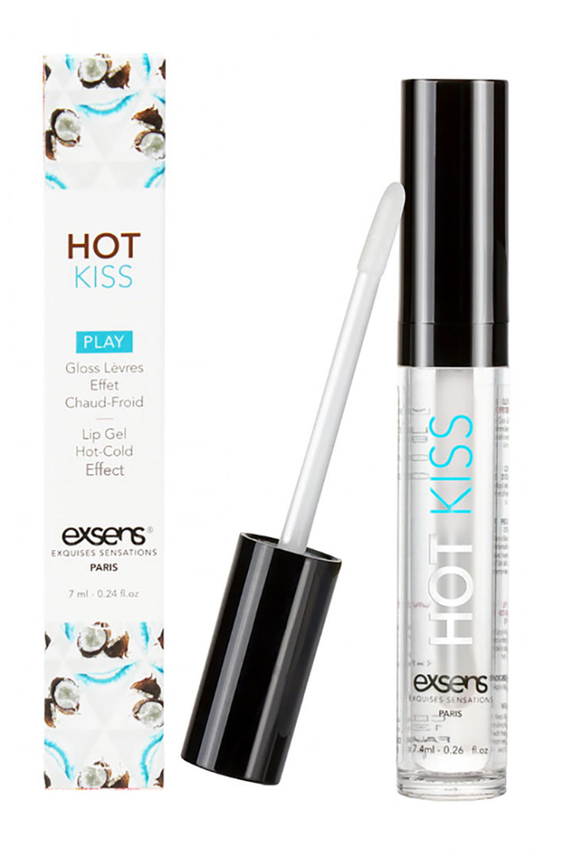 Exsens Hot Kiss Coconut arousal lip gloss tube with black cap and doe-foot applicator, beside its coconut-print carton.