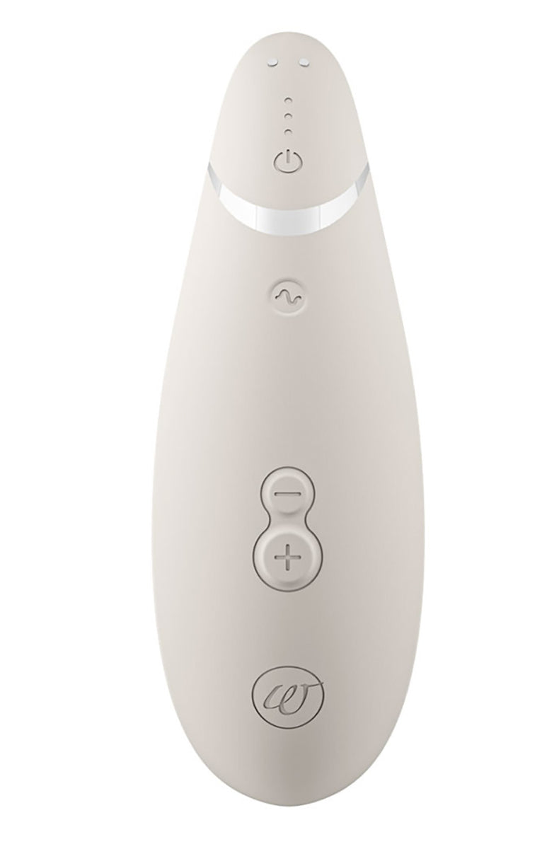 Womanizer Premium 2 in matte light gray, third product view showing curved ergonomic body.