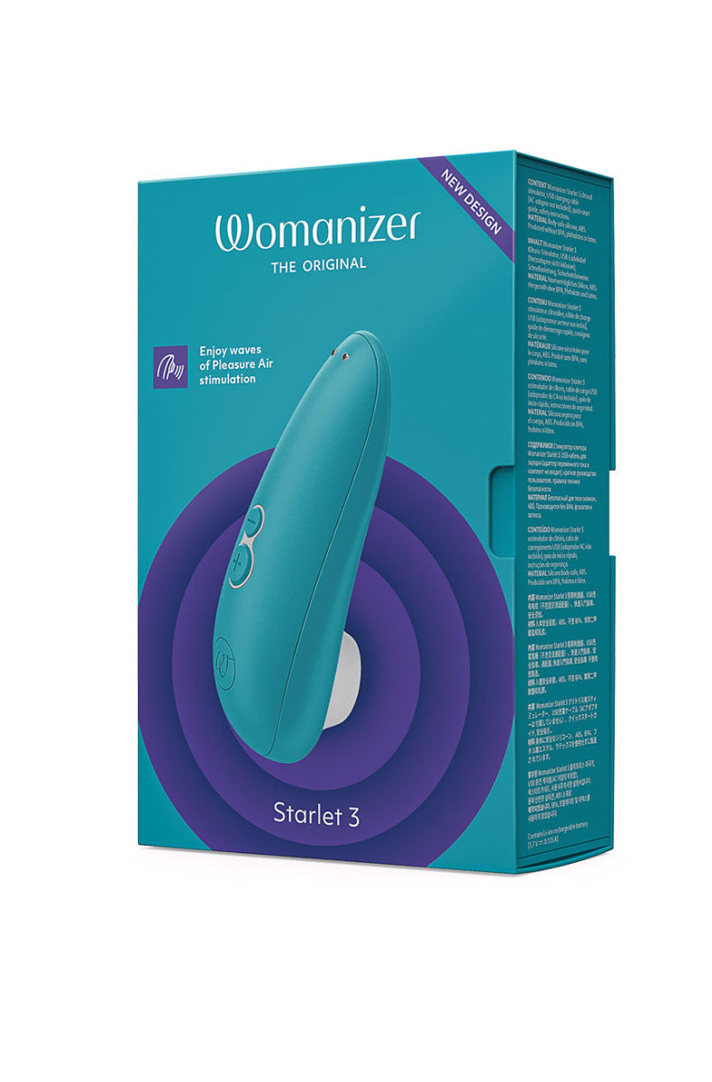 Turquoise Womanizer Starlet 3 with USB charging cable.