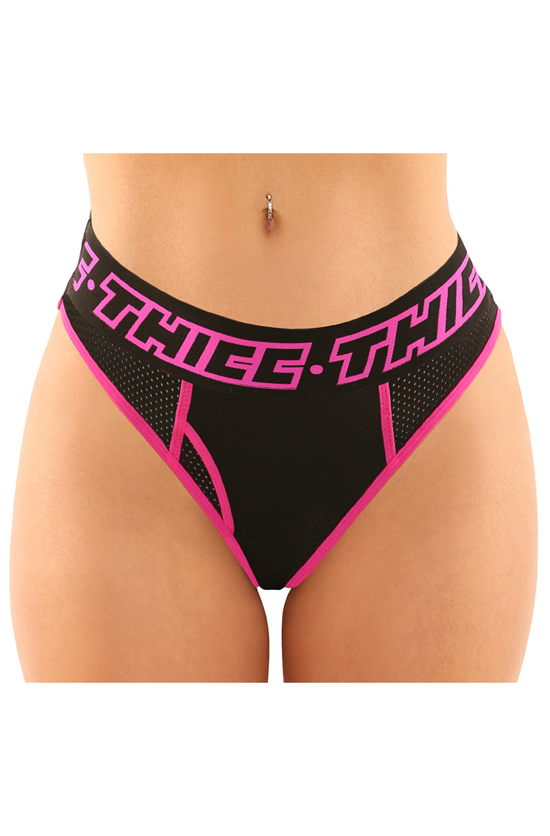 Black mesh boy-brief panty with a wide black elastic waistband repeating "THICC" in hot-pink lettering and contrast hot-pink piping at the leg openings.