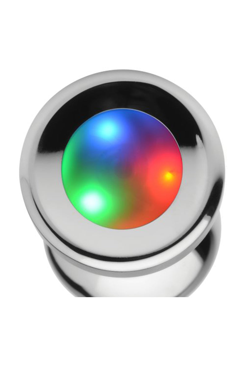 Light Up Large Anal Plug full view showing the polished body and the rainbow LED in the flared base.