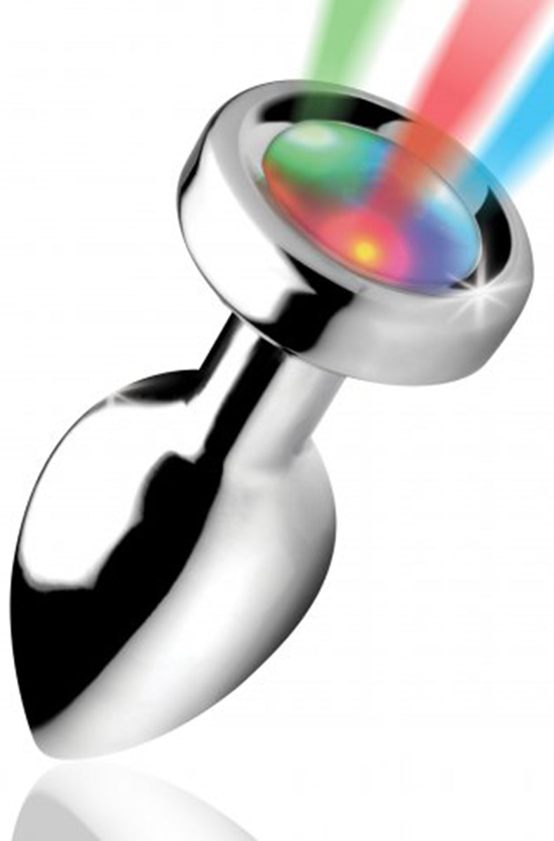 Light Up Small Anal Plug close view of the rainbow LED disk lit inside the flared base.