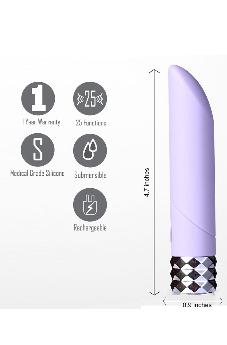 Lavender Angel bullet shown next to icons for warranty, 25 functions, submersible and size