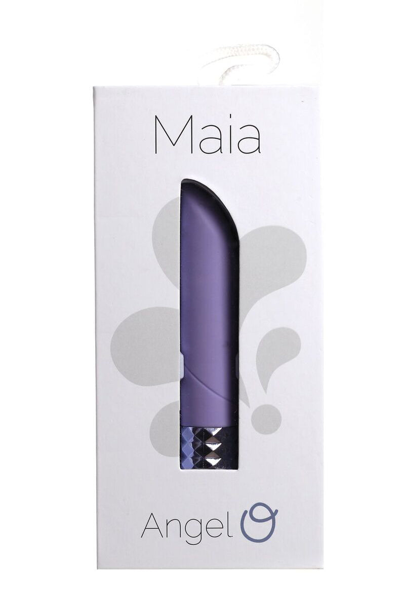Maia Angel retail box in white with purple vibrator visible through cutout window