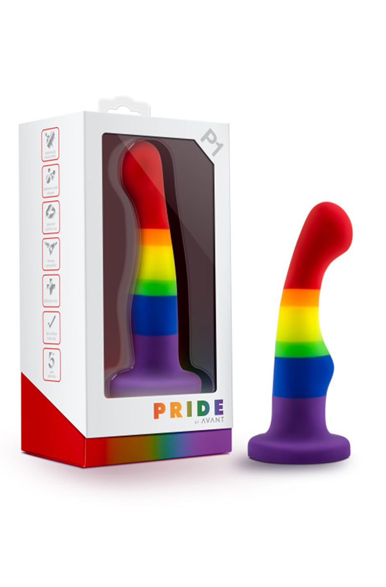 Second view of the Avant Pride Freedom rainbow silicone dildo with suction cup base.