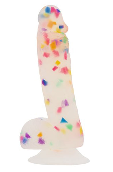 Party Marty 7.5 in glitter dildo front view, rainbow confetti visible in the translucent silicone shaft.