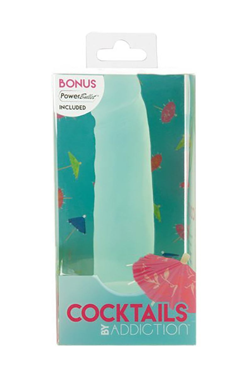 Cocktails by Addiction retail box with mint dildo inside and Bonus PowerBullet label