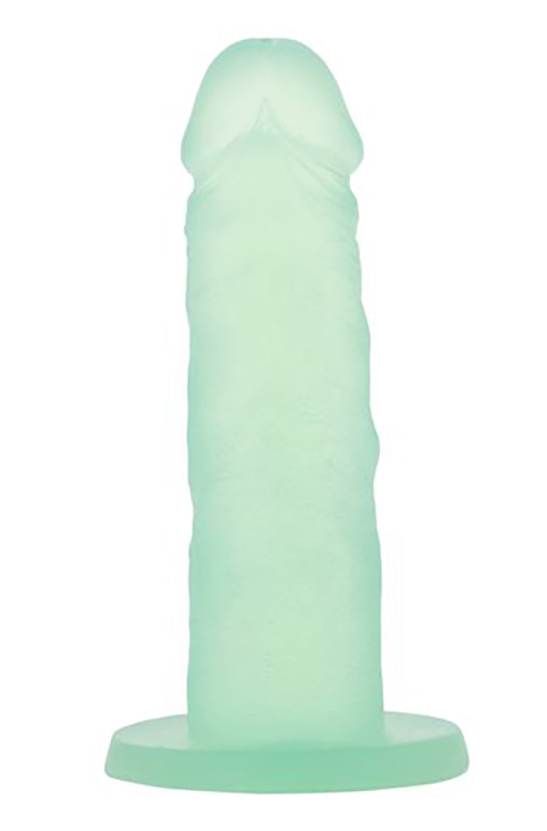 Front facing mint silicone dildo on flat suction base, studio shot on white