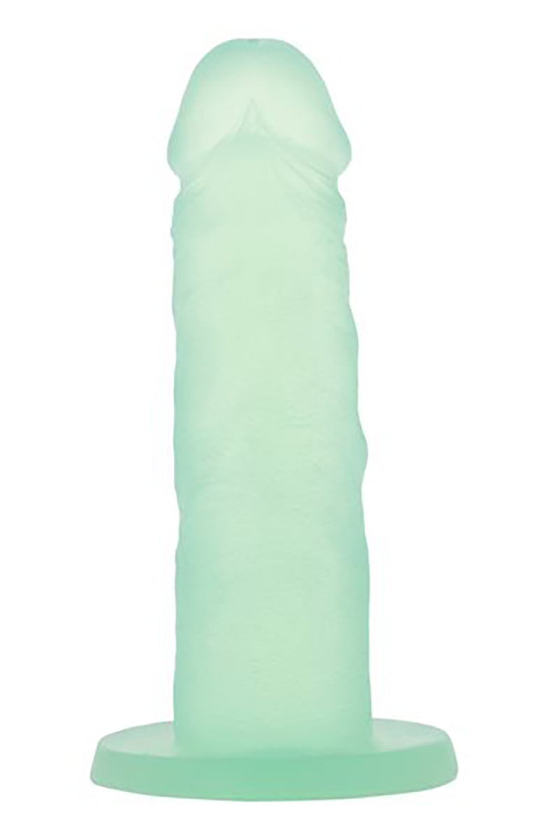 Alternate angle of mint Mint Mojito dildo standing upright on round suction base