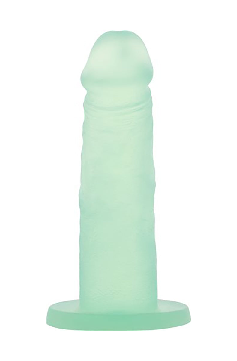 Slightly turned mint green dildo showing veined shaft and rounded glans