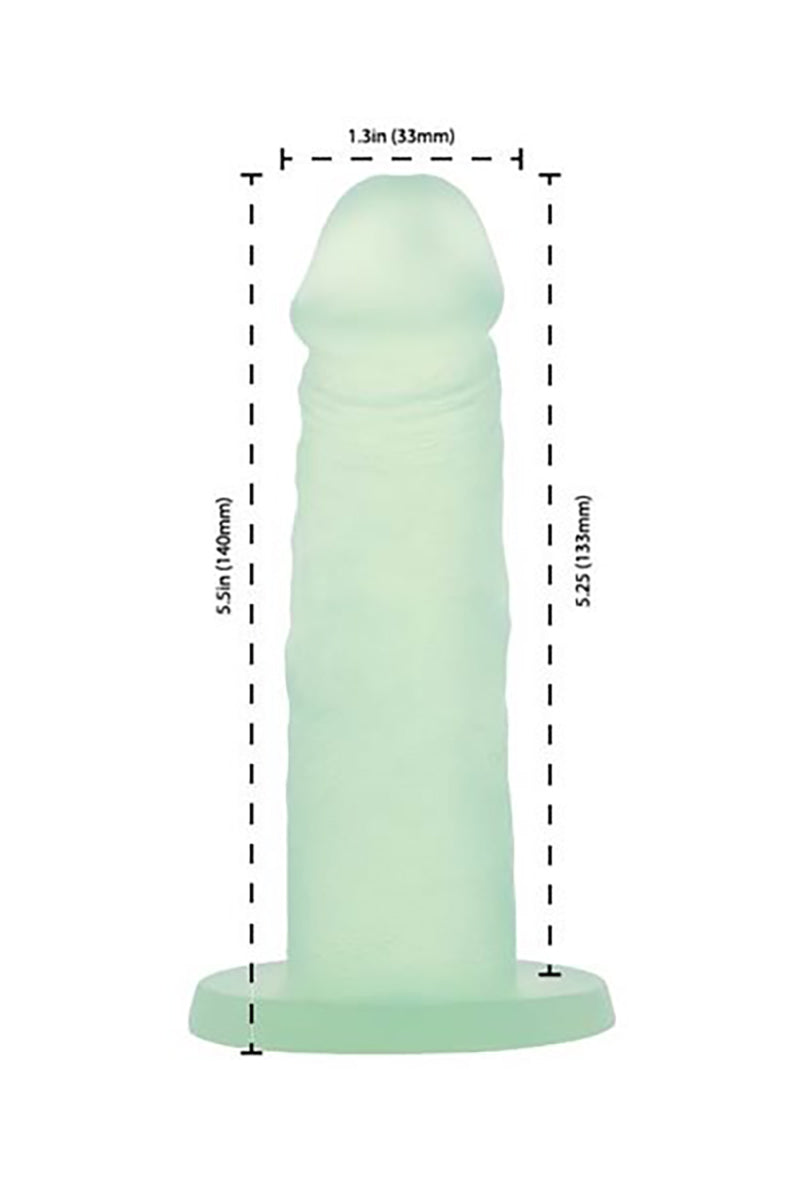 Mint green dildo shown with size annotations of 5.5 inches by 1.3 inches