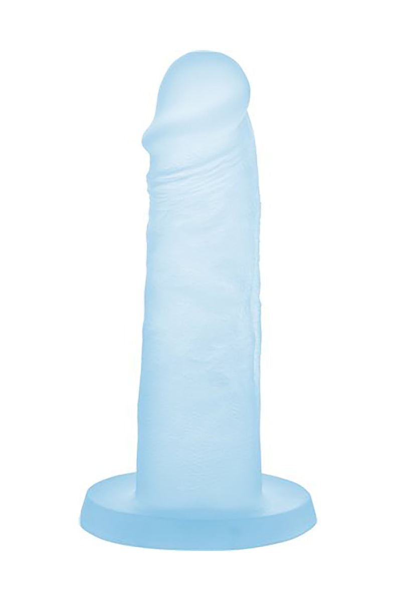 Frosted light blue silicone realistic dildo with sculpted veins and head and a round suction-cup base on a white background.