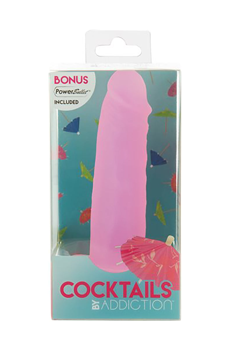 Cosmo Cocktails 5.5 inch silicone dildo upright with the suction base on a white surface.
