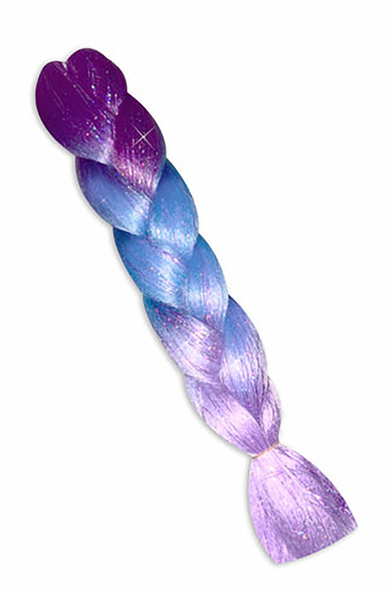 Jumbo bundle of synthetic hair fiber in a purple-to-blue-to-lavender ombre with reflective tinsel strands woven through, in a packaged braid form.