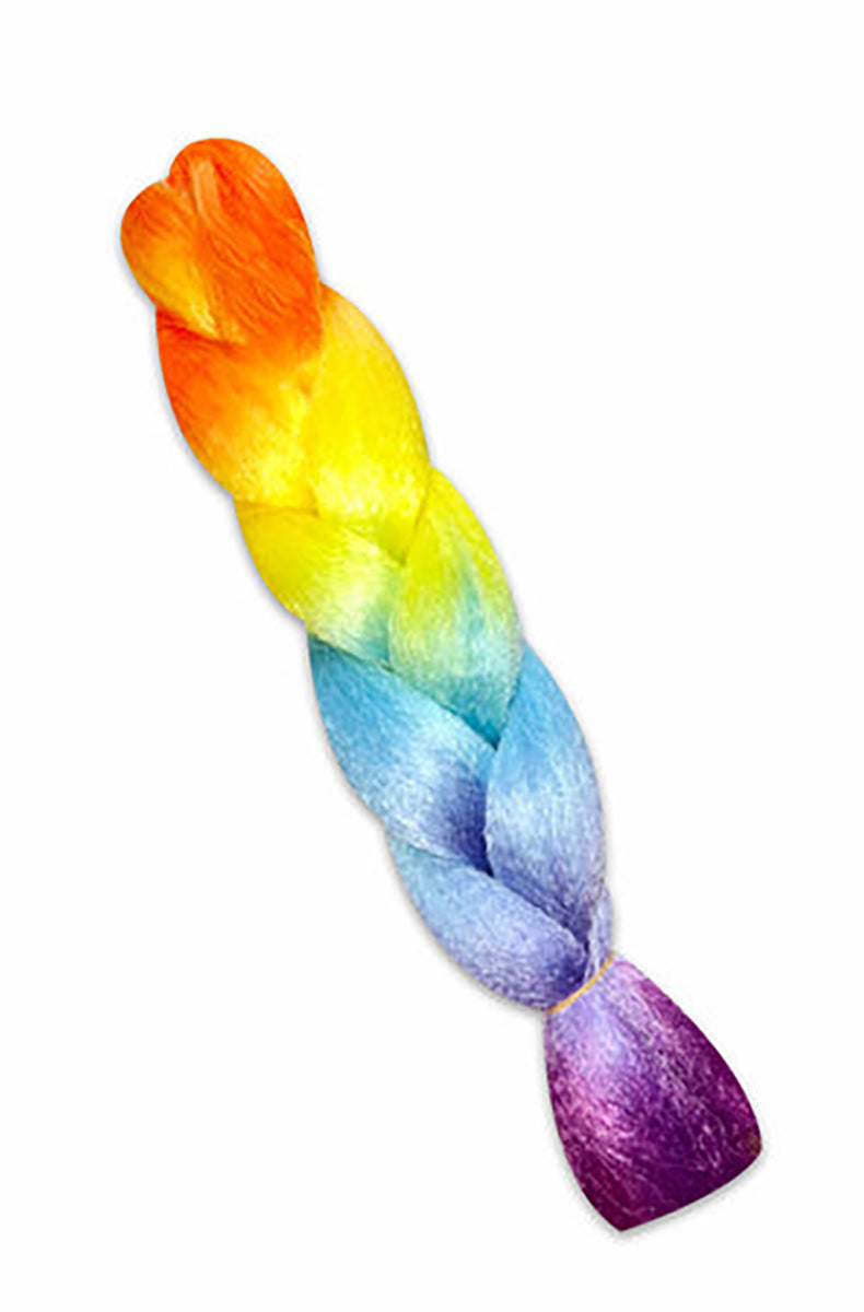 Jumbo bundle of synthetic hair fiber in a rainbow ombre running orange to yellow to blue to purple, packaged in a loose braid form.