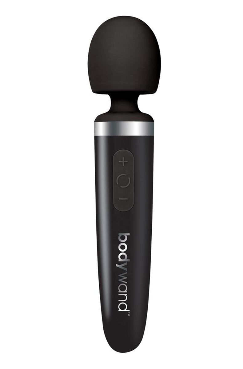 Black Bodywand USB Multi Function wand with silicone head, chrome accent ring, and plus and minus button panel on the handle.