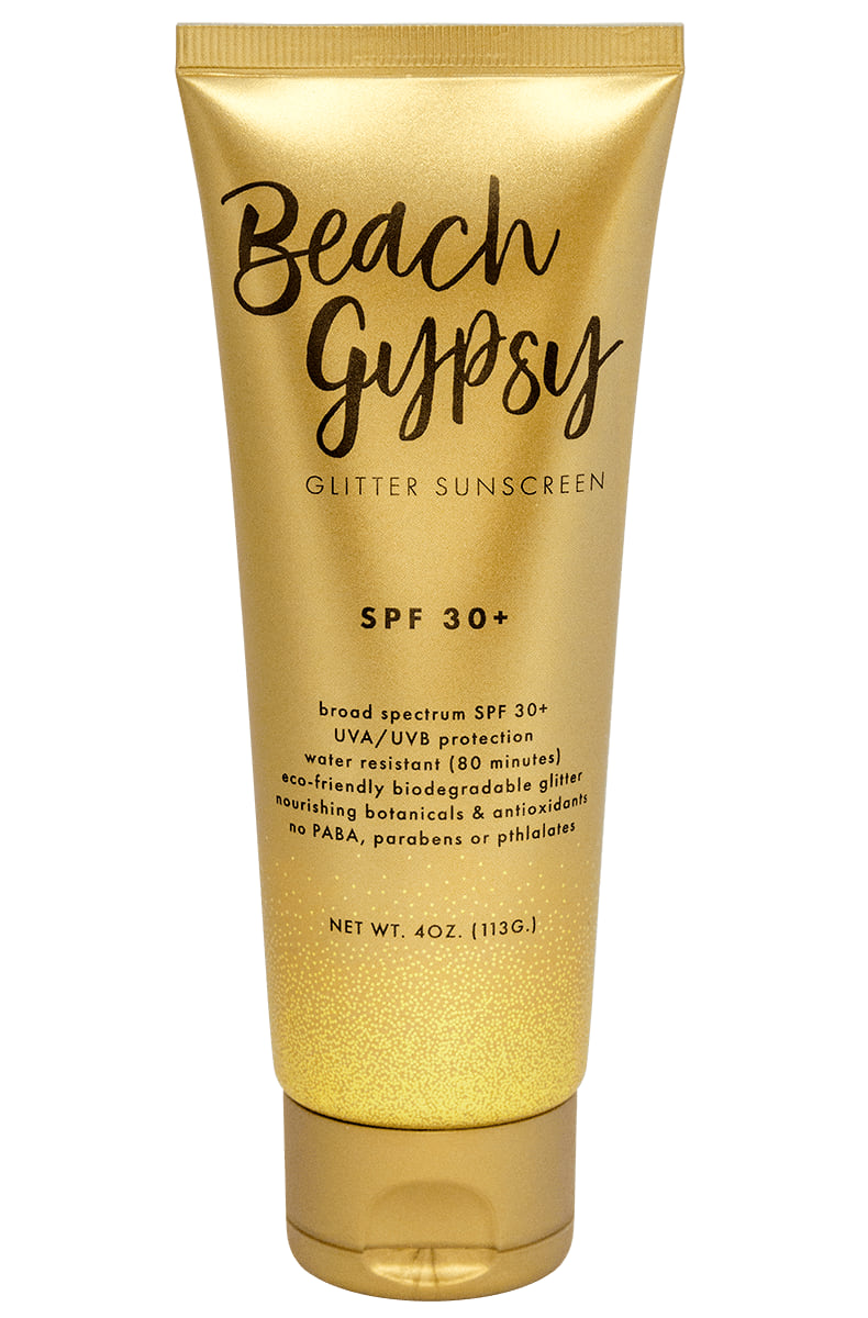 Beach Gypsy SPF 30+ glitter sunscreen bottle from Sunshine and Glitter with gold-shimmer label on a white background.