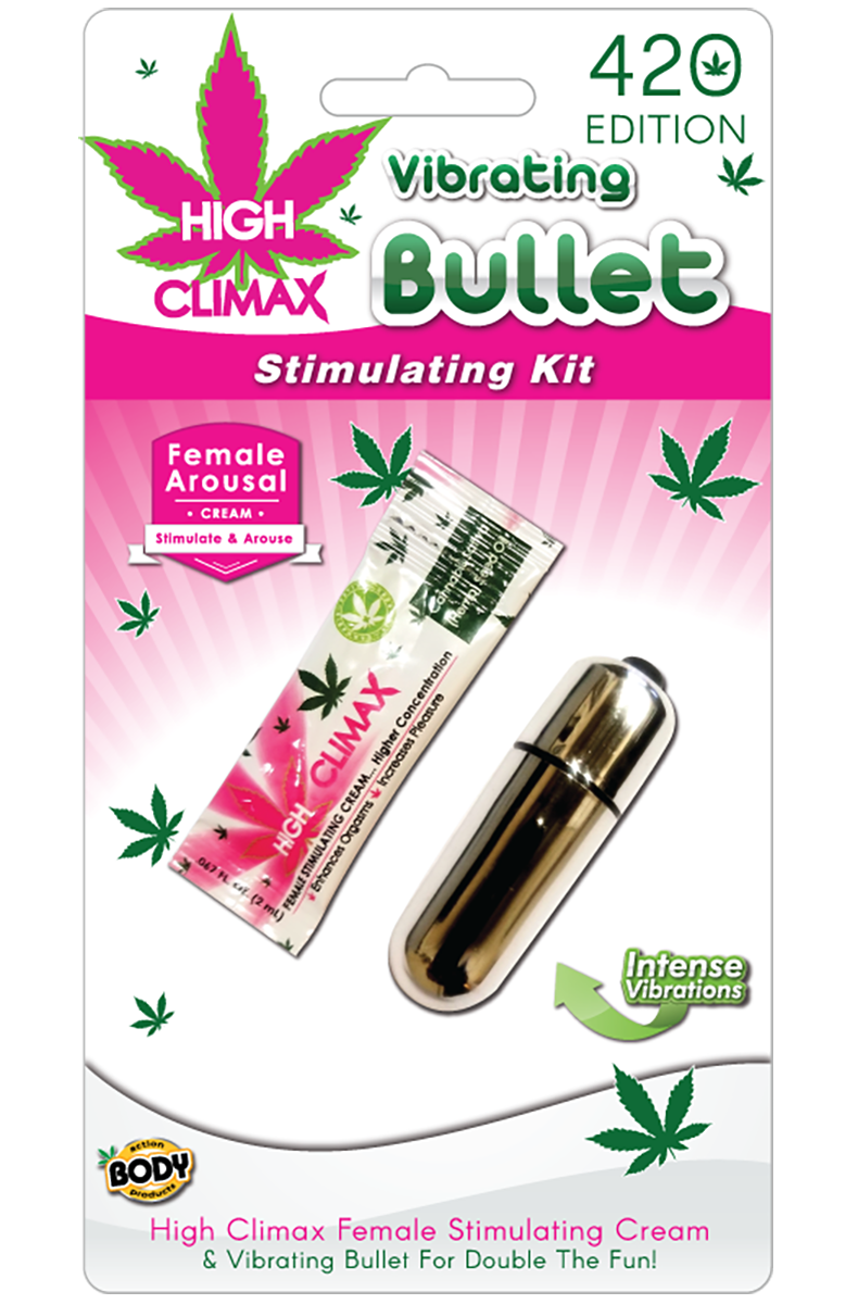 High Climax Vibrating Bullet Stimulating Kit 420 Edition card with arousal cream tube and silver mini bullet vibrator.