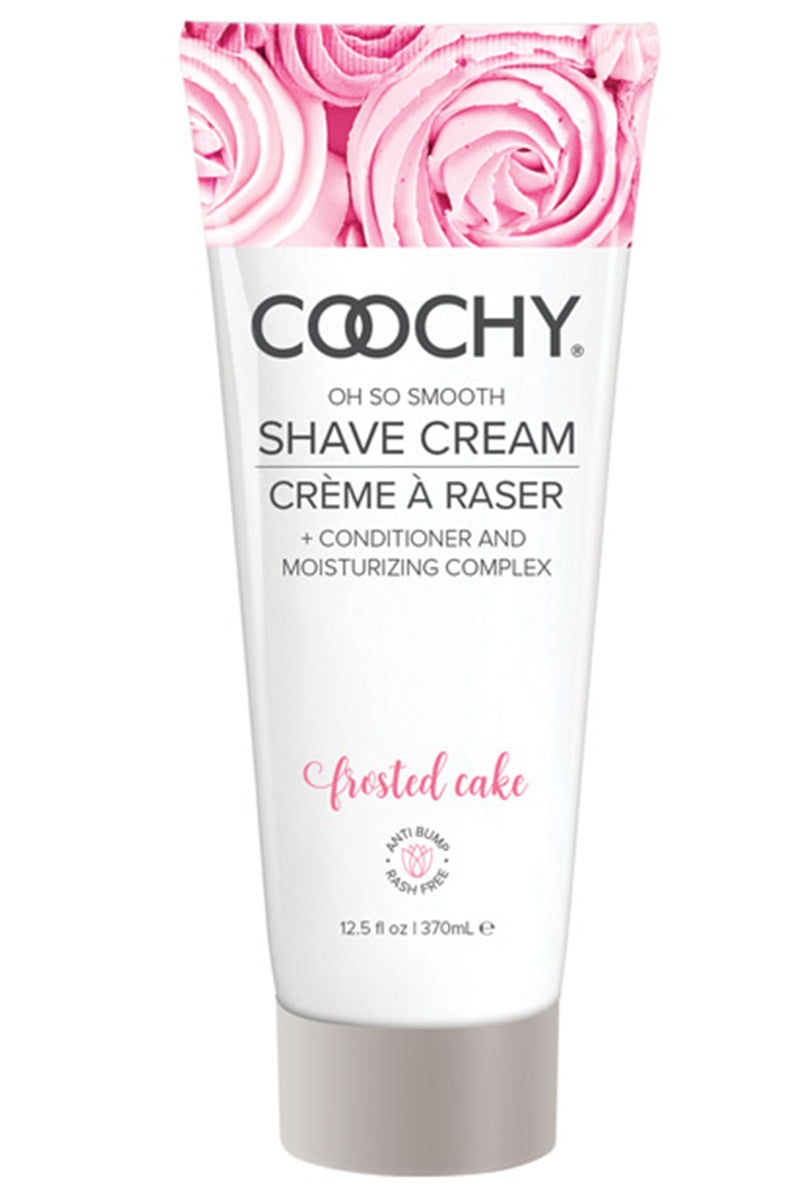 Coochy Rash Free Shave Cream bottle in Frosted Cake, light-blue label, on a white background.