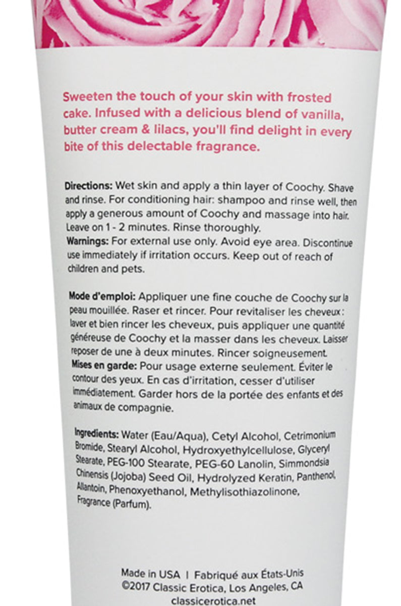 Coochy Rash Free Shave Cream Frosted Cake label closeup showing ingredient and brand text.
