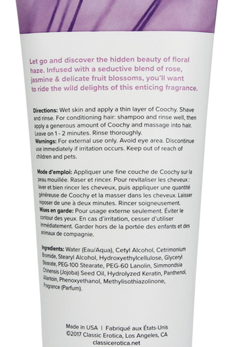 Coochy Rash Free Shave Cream Floral Haze label closeup showing ingredient and brand text.